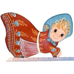Vintage Handpainted Wooden Little Dutch Girl Wall Hanging, Approx 12.5 in.